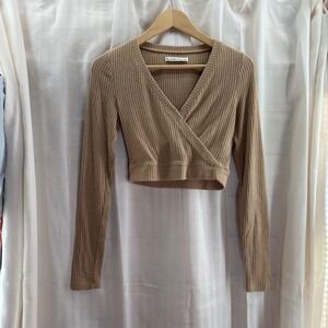 Abercrombie Fitch Brown Ribbed Wrap Cropped Long Sleeve Top S Lt Chocolate Brown